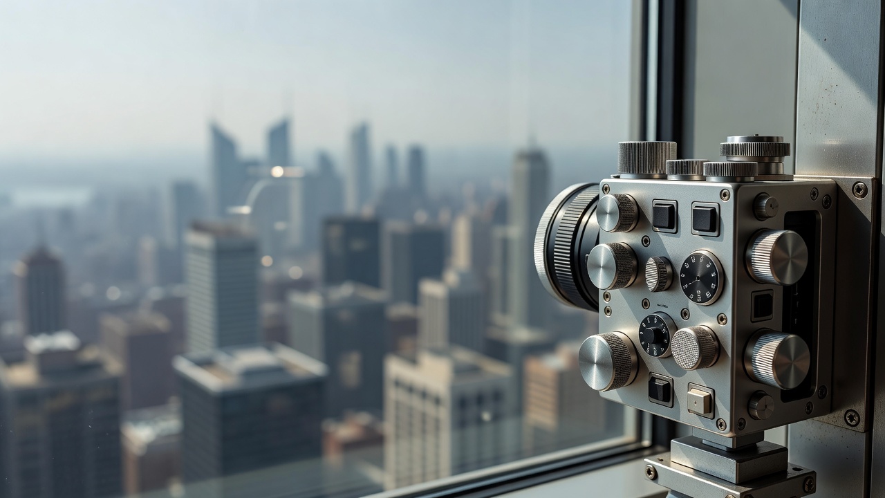 Close focus on camera controls beside observation-deck glass, with city buildings softly blurred