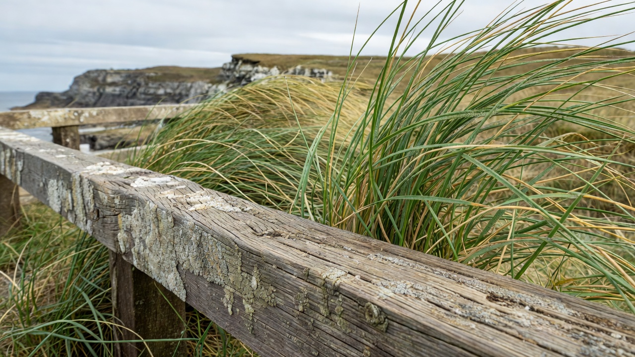 Salt-weathered coastal lookout rail and bent grass in sharp focus, with distant cliffs blurred