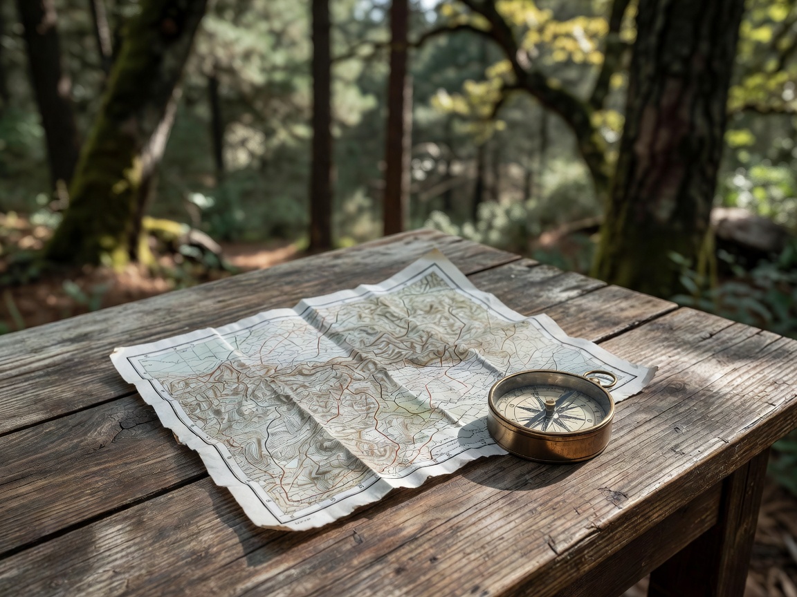 Folded map and brass compass on a textured lookout table, with woodland softly blurred