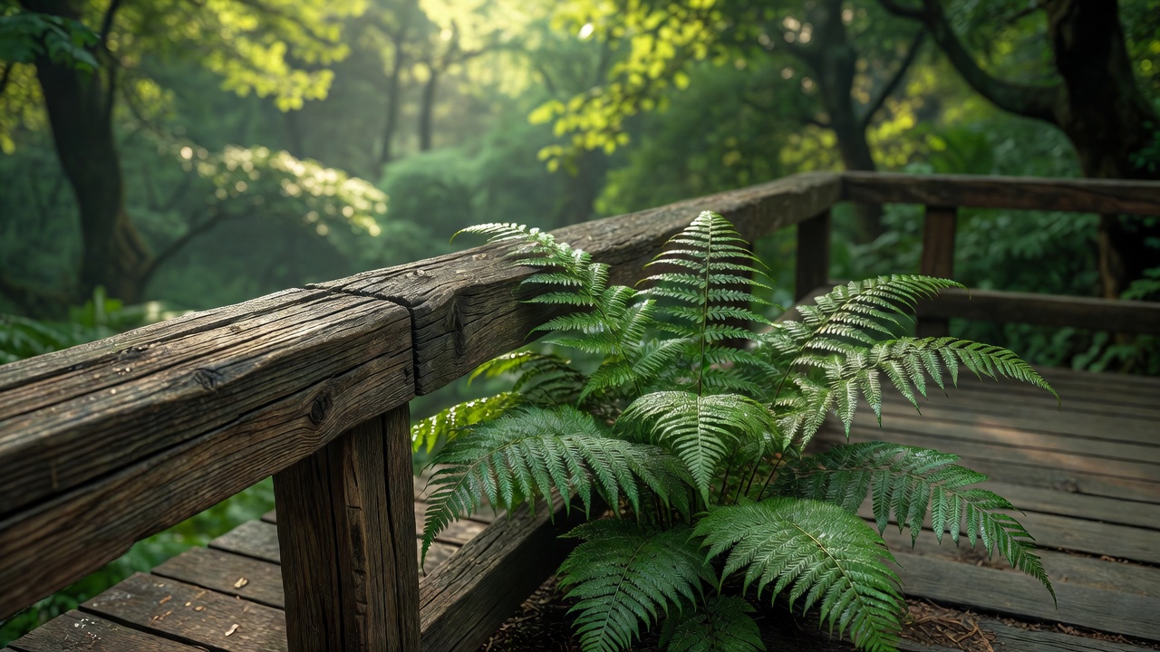 Textured timber rail and a fern beside a forest observation deck, with the canopy softly blurred