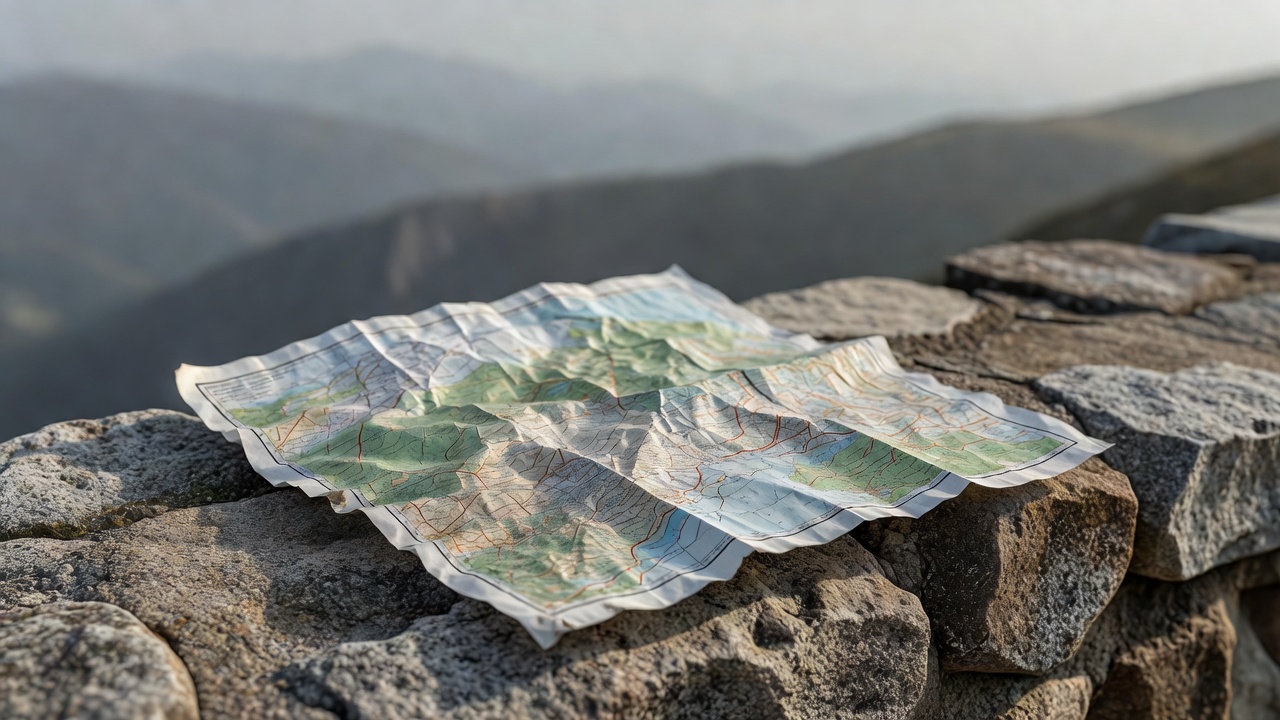 Folded walking map on a rough mountain lookout wall, with distant ridges softly blurred